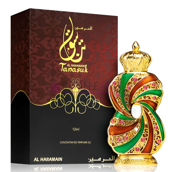 Tanasuk de Al Haramain 12ml fragrance bottle with luxurious design, showcasing rich oriental scents and elegant packaging.