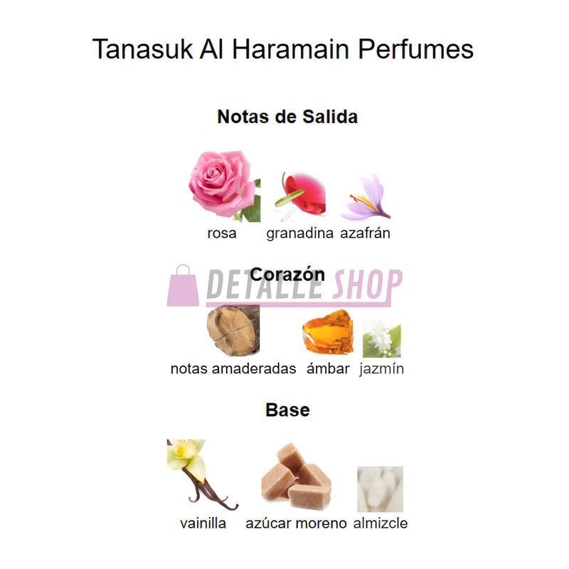 Infografía de notas de Tanasuk Al Haramain: rosa, azafrán, ámbar, jazmín, vainilla y más. Fragancia oriental lujosa.