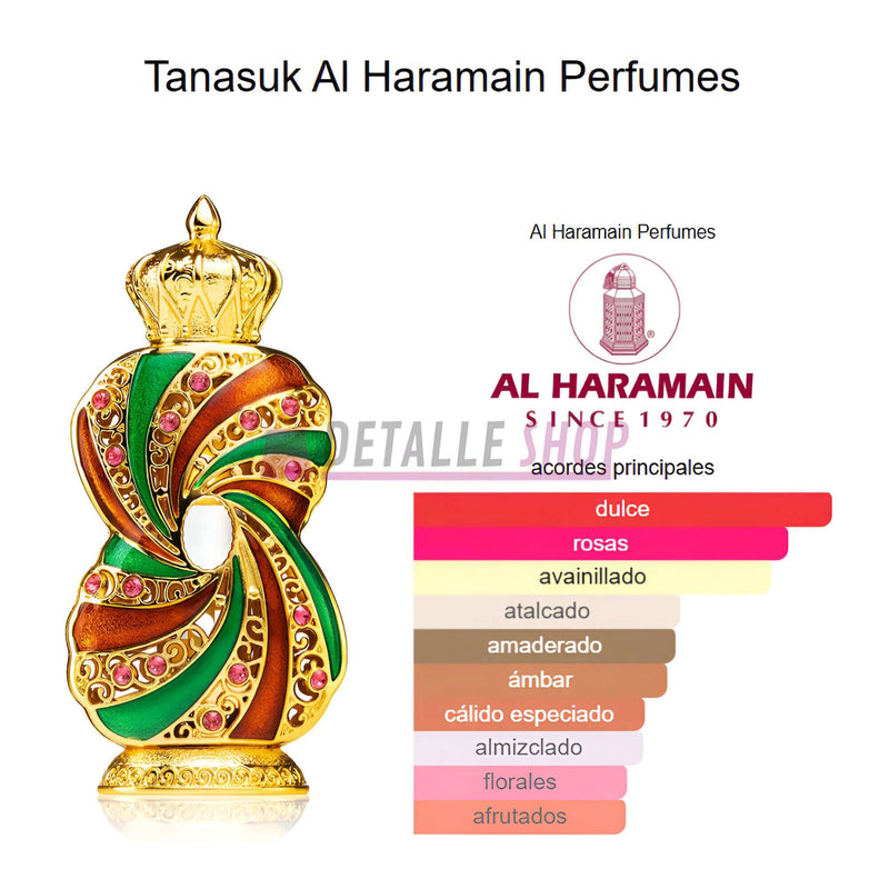 Tanasuk de Al Haramain 12ml perfume bottle, showcasing its luxurious design and oriental fragrance notes.