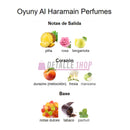 Diagrama de notas de fragancia de Oyuny Al Haramain, incluyendo piña, rosa, bergamota, durazno, fresia, manzana, tabaco y pachulí.