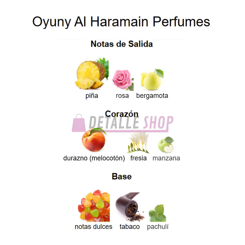 Diagrama de notas de fragancia de Oyuny Al Haramain, incluyendo piña, rosa, bergamota, durazno, fresia, manzana, tabaco y pachulí.