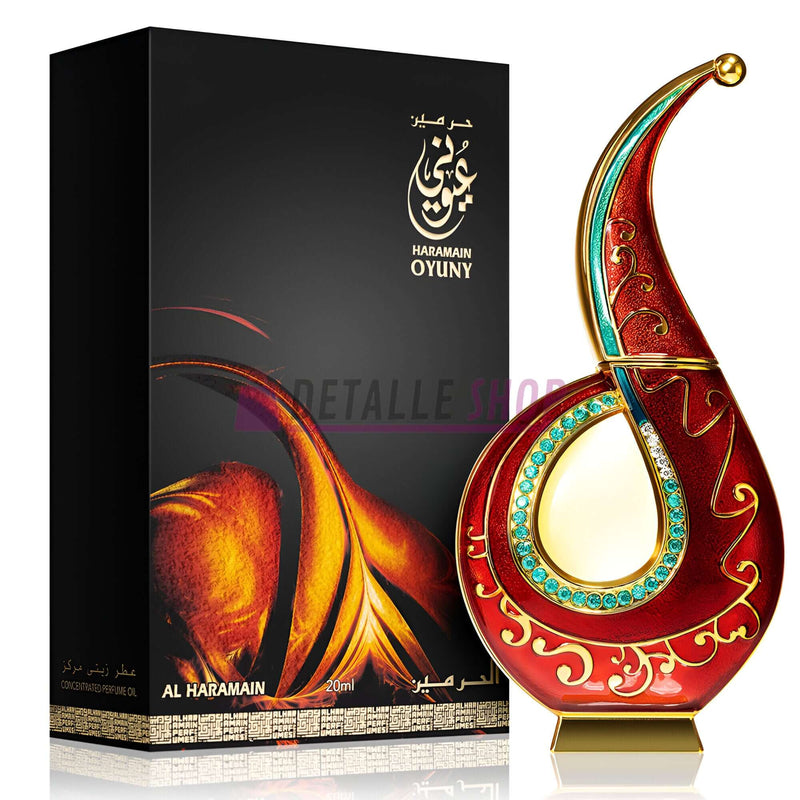 Aceite perfumado Oyuny de Al Haramain 20ml en frasco decorativo con diseño floral y elegante packaging.