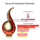 Frasco de aceite de perfume Oyuny Al Haramain con notas de fragancia dulce y afrutada en diseño elegante.